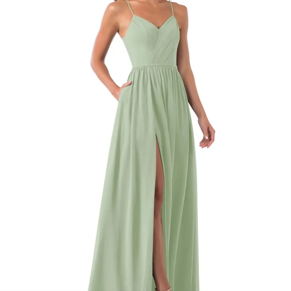 Azazie Sage Green Spaghetti Strap Maxi Dress with High Slit - Picture 9 of 11